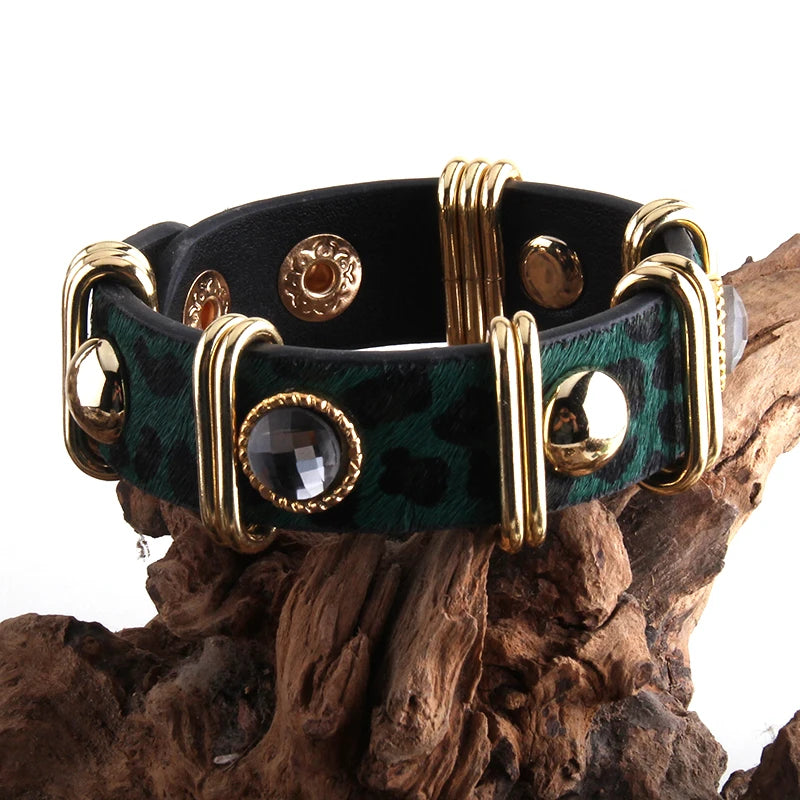 RH Fashion Boho Leather Armbander Goldcolor Metal Rectangle Real Leopard Horsetail Leather Bracelets For Women Gift DropShip