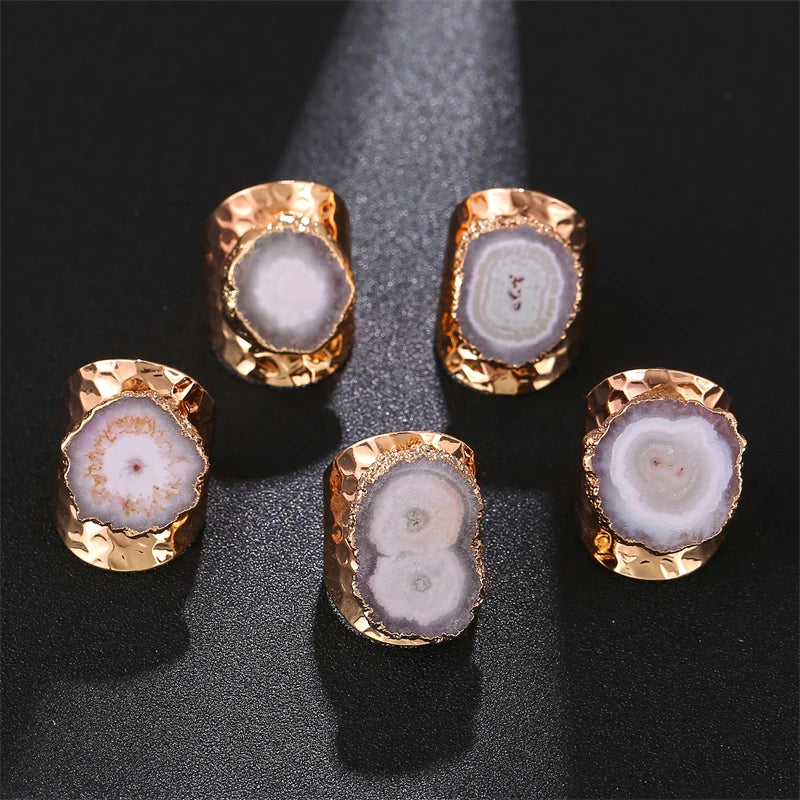 Boho Irregular Natural Stone Agate Slices Sunflower Wide Open Ring for Women Gold Plated Resizable Finger Jewelry
