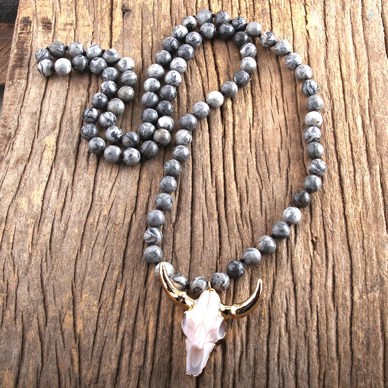 Fashion Bohemian Jewelry Sem Stone Knotted Horn Pendant Necklace For Women Boho Ethnic Necklace Gift