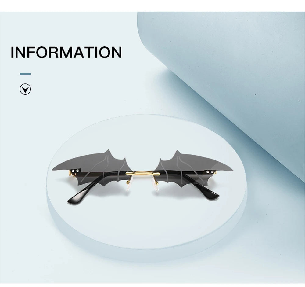 Fashion Rimless Men Sunglasses Women Trendy Bat Shaped Sun Glasses Female Male Vintage Black Mirror Shades Metal Oculos De Sol