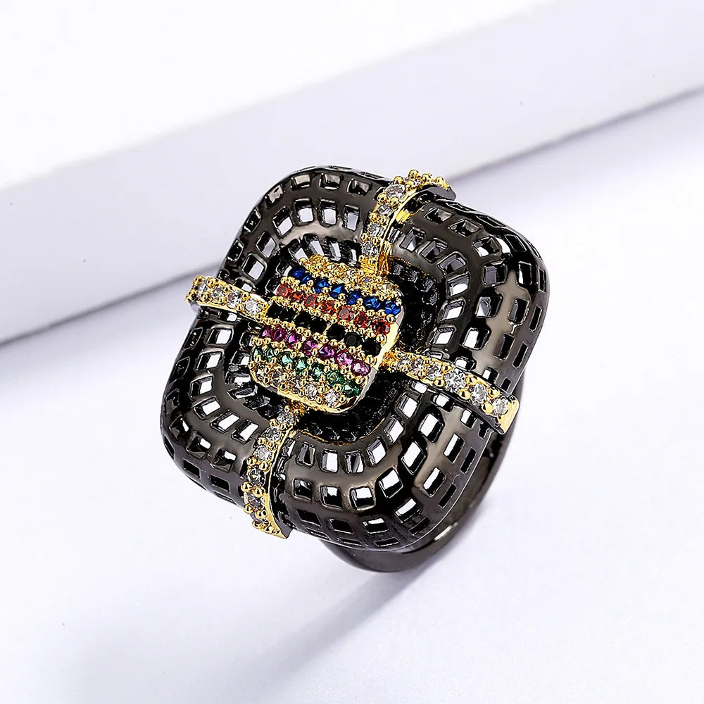 925 Silver Women's Ring Exquisite Black Gold Flower Ring Inlaid Colorful Zircon Geometric Couple Ring Black Gold Jewelry