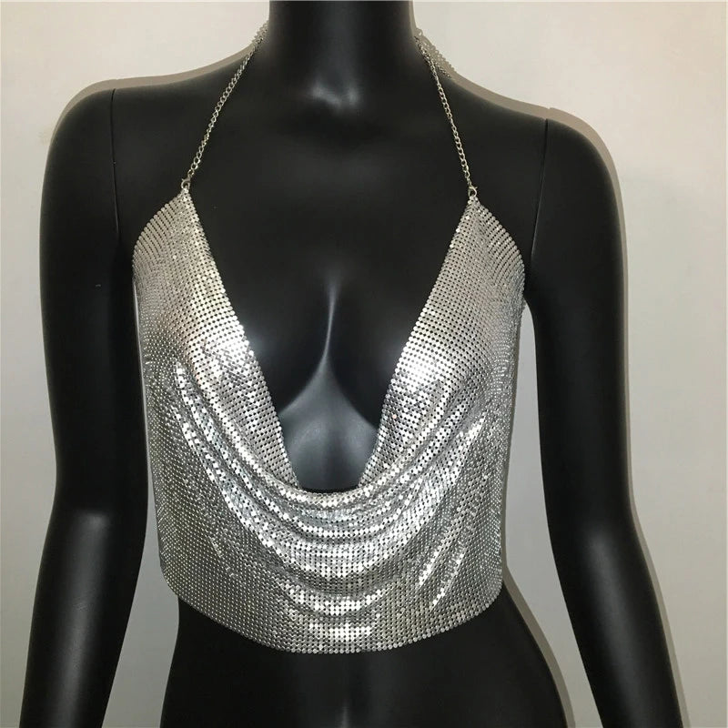 AKYZO Women 2023 Sexy Metal Sequined Tank Camis Summer Gold Silver Backless Cropped Glitter Beach Club Show Wear Tank Tops