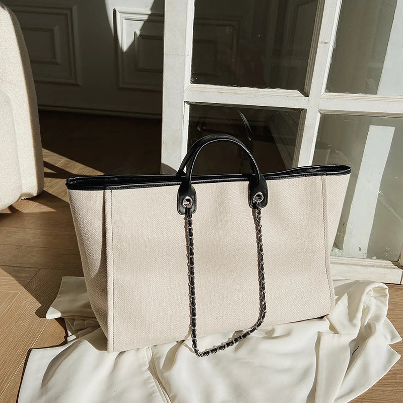 Women Tote Bag Fashion Canvas Large Capacity Handbag Casual Chains Shoulder Bags Ladies Big Messenger Bag Shopping Bag
