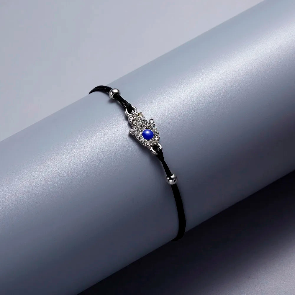 Lucky Handmade Vintage Rhinestone Palm Blue Evil Eye Pendant Link Chain Bracelet For Women Men Good Luck Bracelet Jewelry Gift