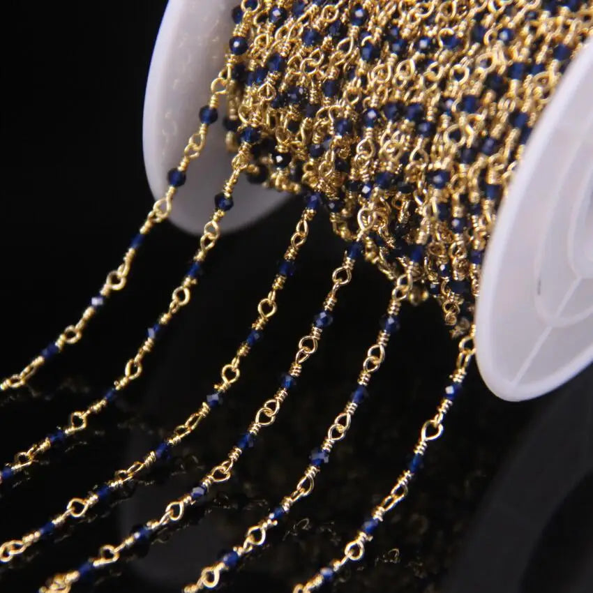 5Meter Natural Colorful Tourmaline 2mm Faceted Round Beads Rosary Chain,Gold Brass Wire Wrapped Necklace Bracelet Sweater Chains