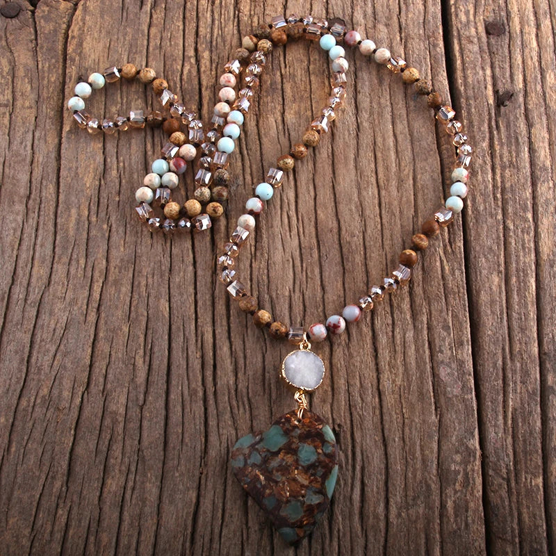 Fashion Bohemian Jewelry Boho Gift Natural Stones With Druzy Links Heart Stone Pendant Necklaces For Women