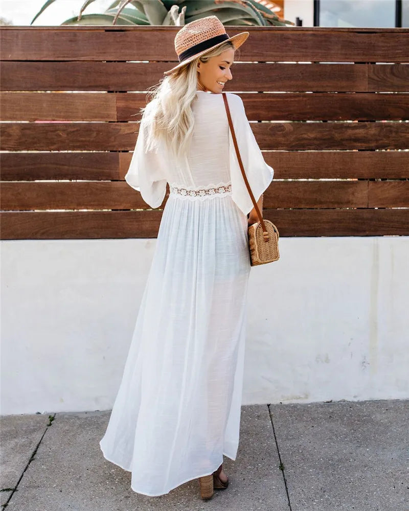 2024 Crochet White Knitted Beach Cover Up Dress Tunic Long Pareos Bikinis Cover Ups Swim Cover Up Robe Plage Beachwear