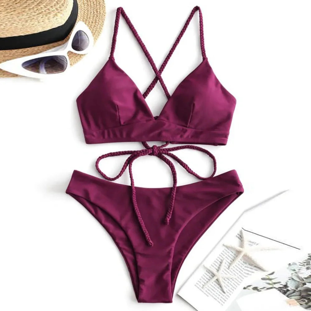 Melphieer 2025 New Wine Red Braided Straps Bikini Cross Back Brazilian Bikinis Set Biquini Swimsuit Swimwear Women Bathing suit