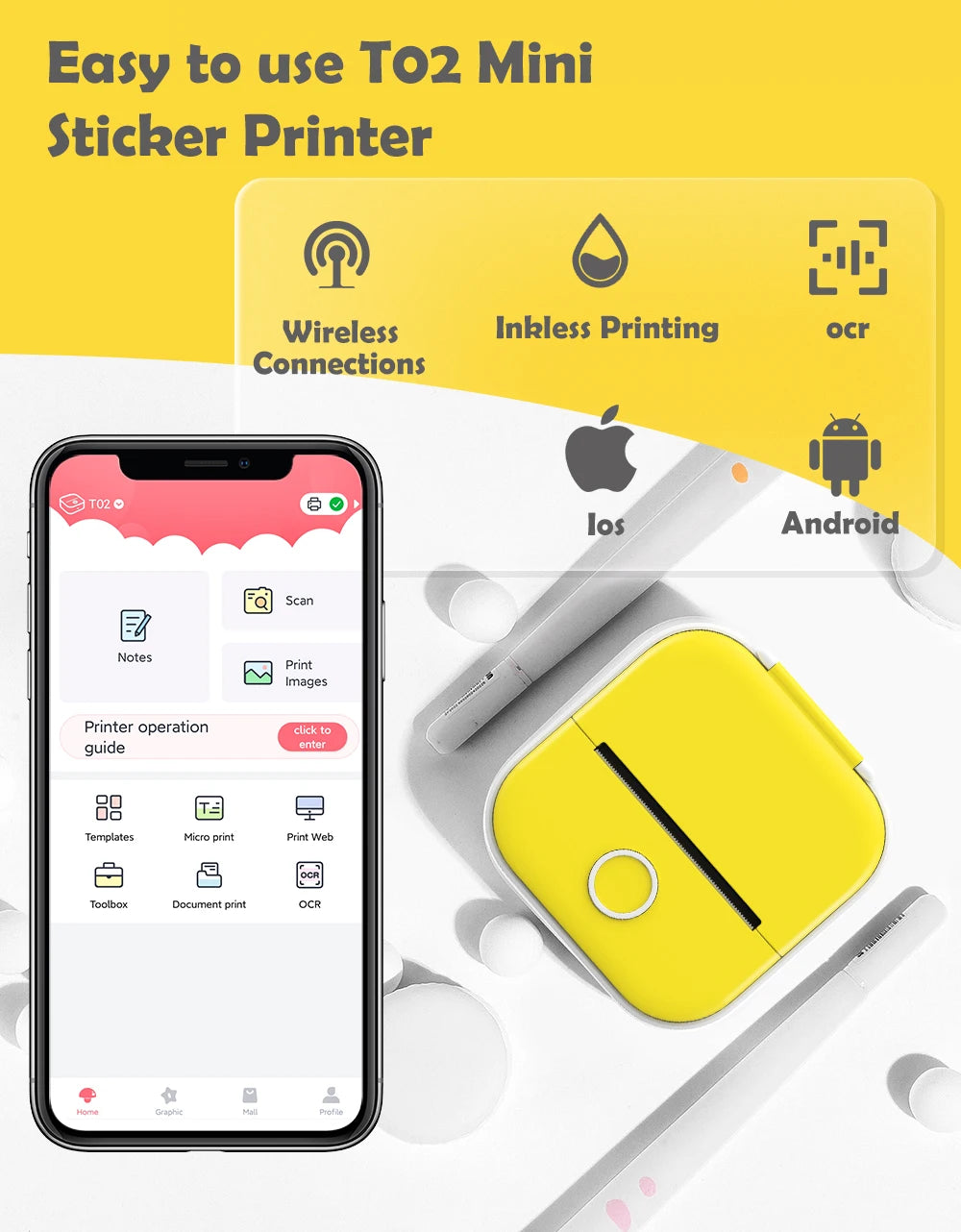Phomemo T02 Pocket Printer Photo Journal Printing 53mm Sticker Labels Wireless Connection No-Ink Thermal Printing Long Battery