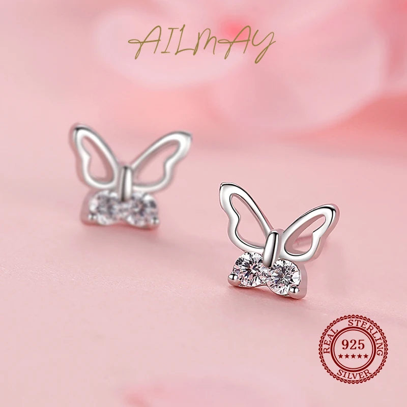 Ailmay  Insect 100% 925 Sterling Silver Butterfly Sweet Cute Stud Earrings For Women Girls Anti-allergy Fine Jewelry Gifts