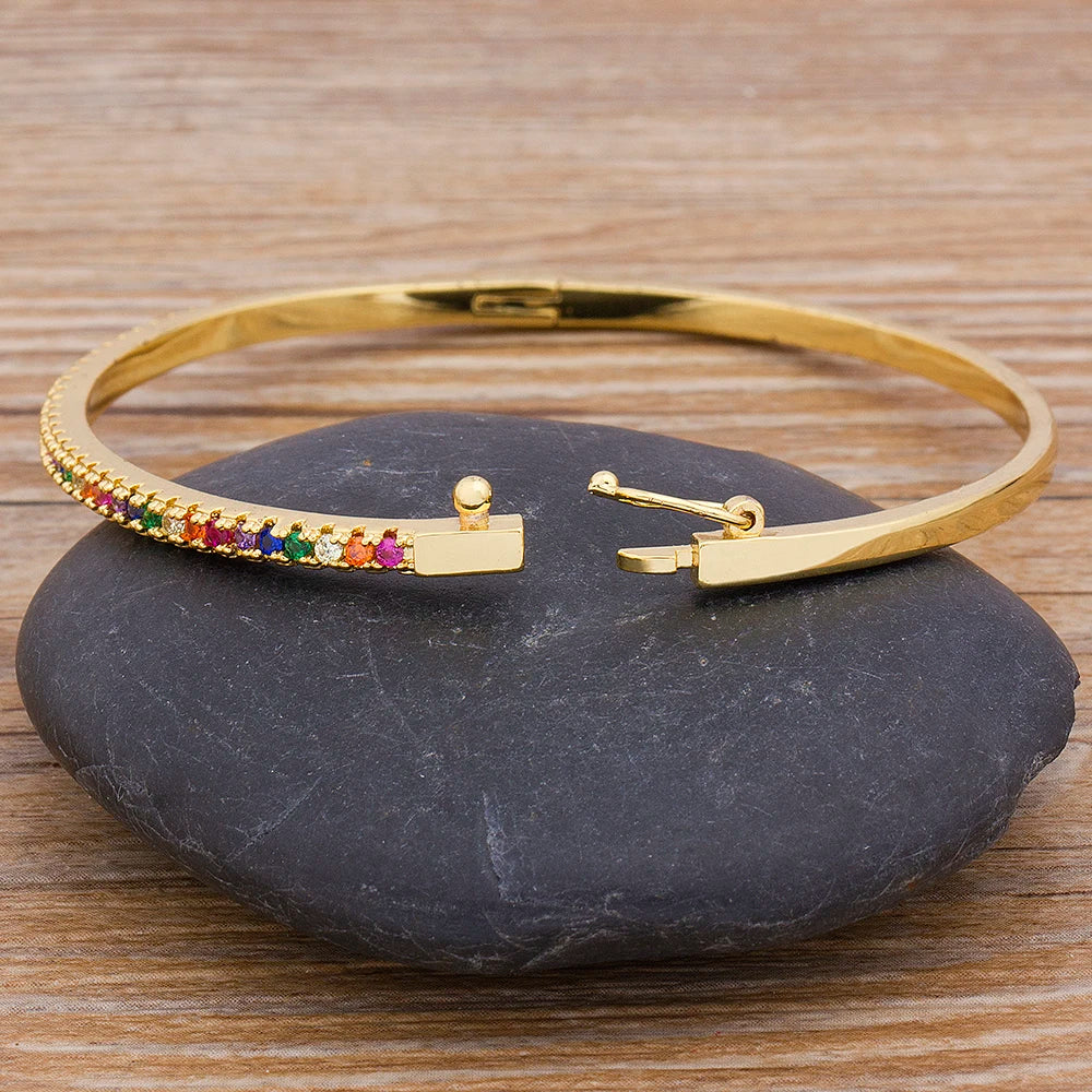 Nidin New Design High Quality Charm Rainbow Bracelet Copper Zirconia Rhinestone Cuff Bangle Trendy Jewelry Gift For Women Girls