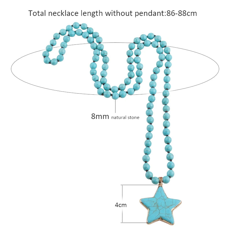 Fashion Bohemian Tribal Jewelry Turq/White Stone Long Knotted Pentagram Star Pendant Necklaces