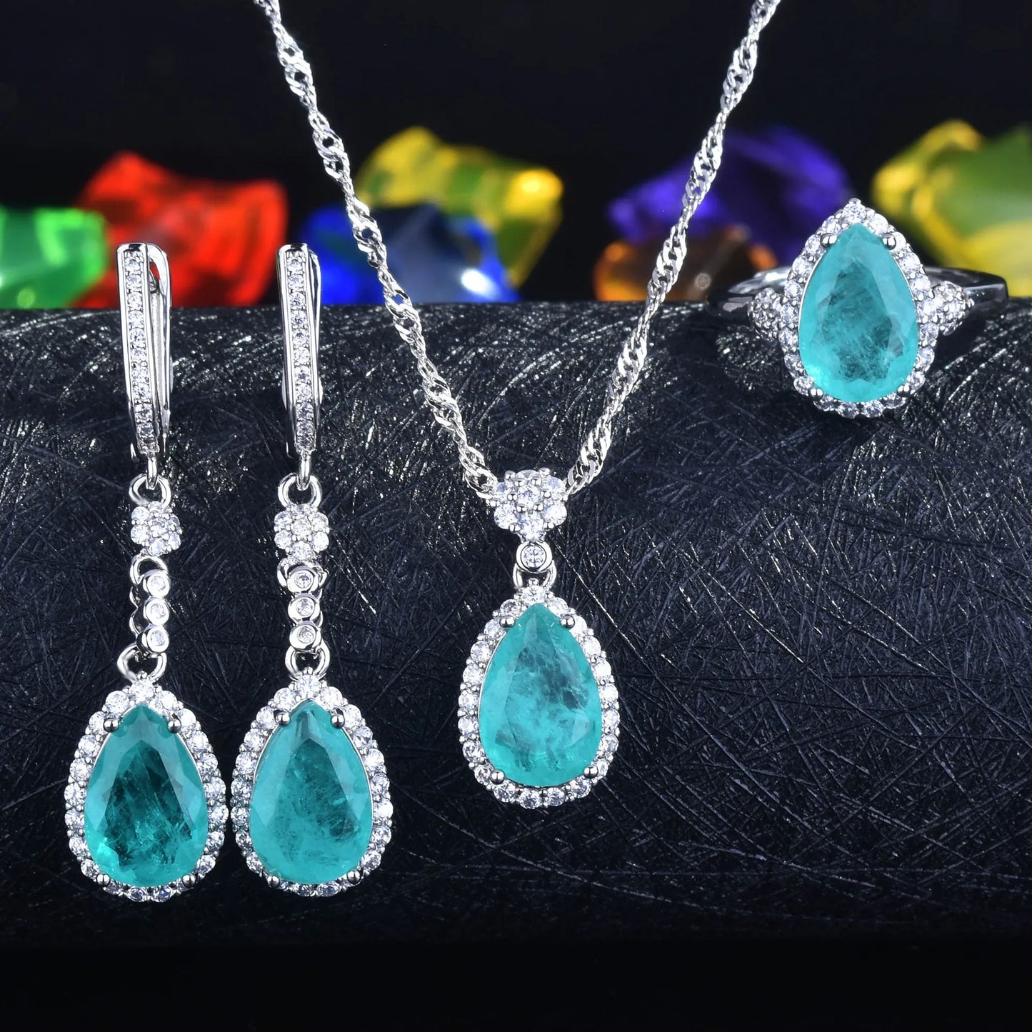 Silver Color Blue Tourmaline Necklace+Earrings+Ring Sets For Women White Gold Plated Water Drop Wedding Party Jewelry Set