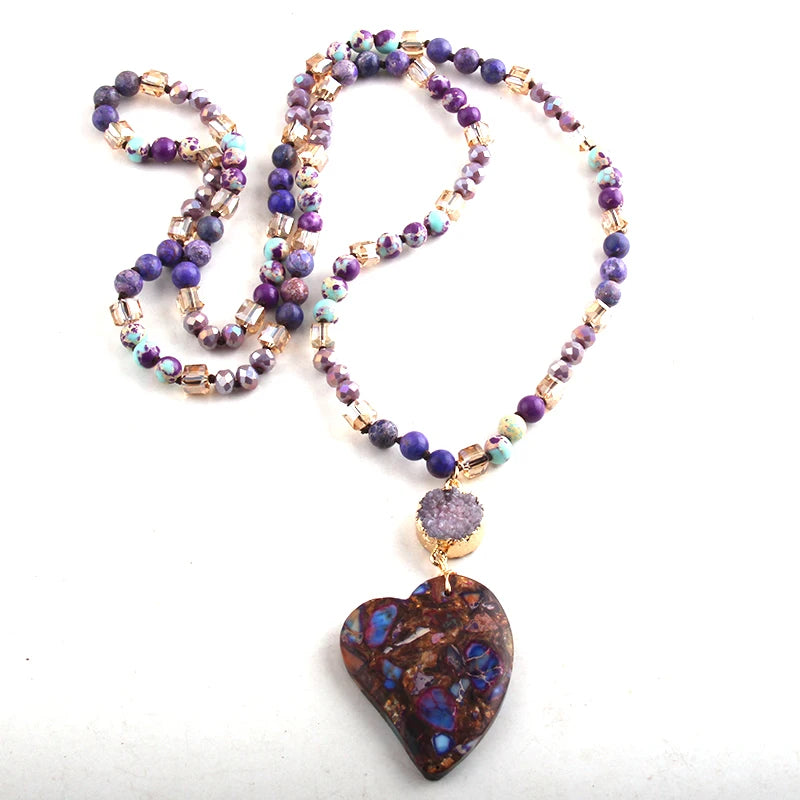 Fashion Bohemian Jewelry Boho Gift Natural Stones With Druzy Links Heart Stone Pendant Necklaces For Women