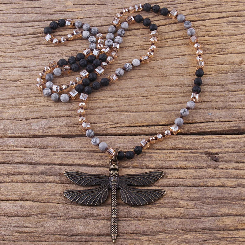 RH Fashion Bohemian Jewelry Accessory 6mm Stones/Crystal Knotted With Metal Retro Dragonfly Pendant Necklaces Women Boho Gift