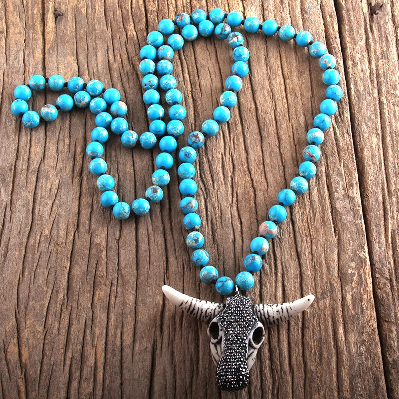 RH Fashion Boho Jewelry Empire Stones Long Knotted Bull Head Pendant Necklaces Dropship