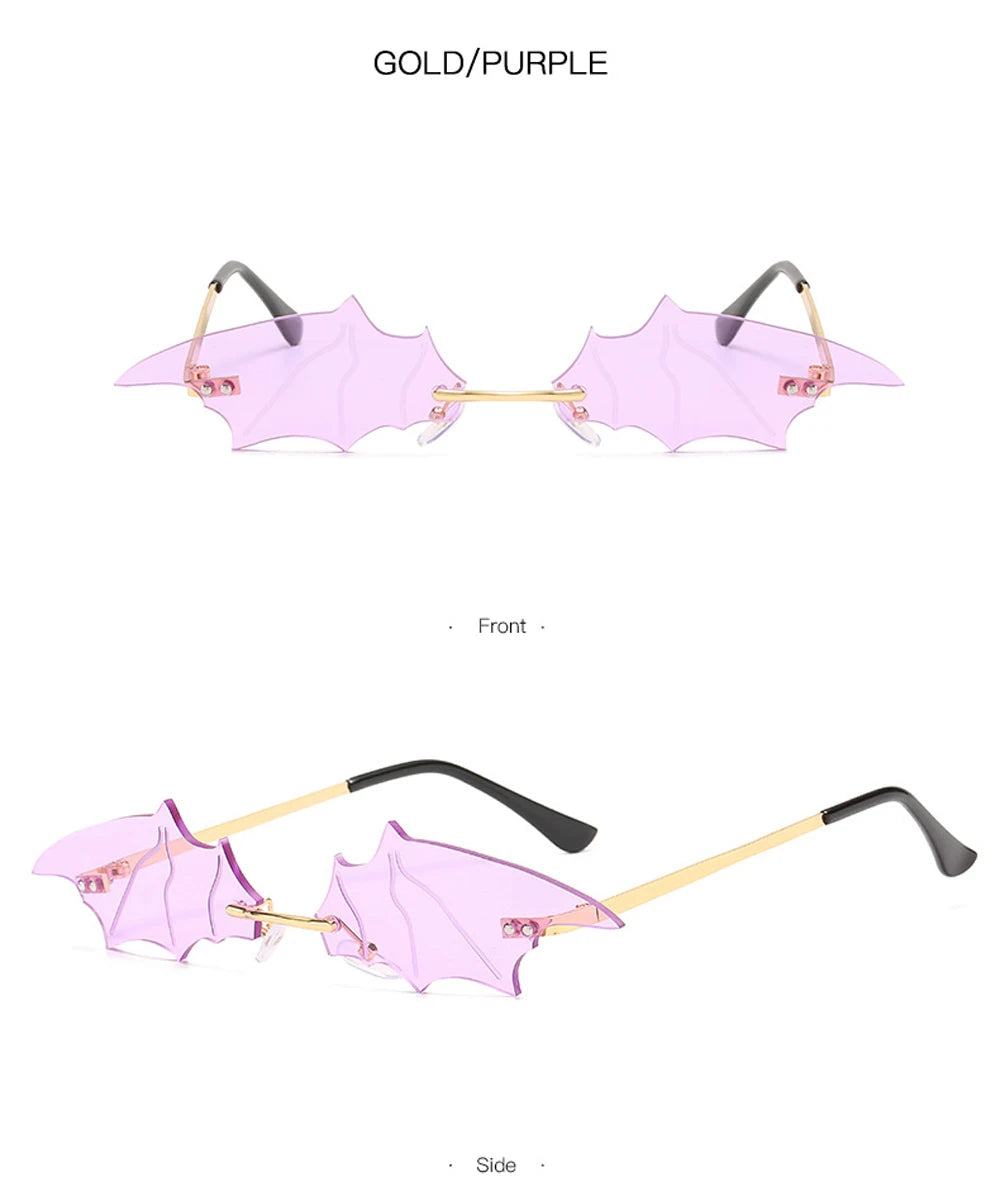 Fashion Rimless Men Sunglasses Women Trendy Bat Shaped Sun Glasses Female Male Vintage Black Mirror Shades Metal Oculos De Sol