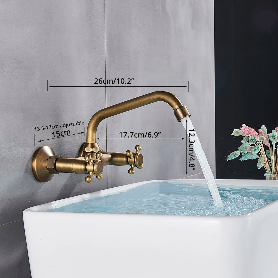 Antique Brass Kitchen Faucet Hot And Cold Water Mixer Faucets Wall Mounted Tap Vessel Sink Mixer Tap Swivel Spout Basin Mixer