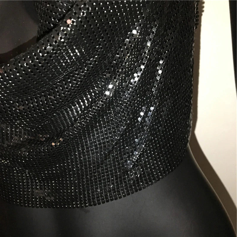 AKYZO Women 2023 Sexy Metal Sequined Tank Camis Summer Gold Silver Backless Cropped Glitter Beach Club Show Wear Tank Tops