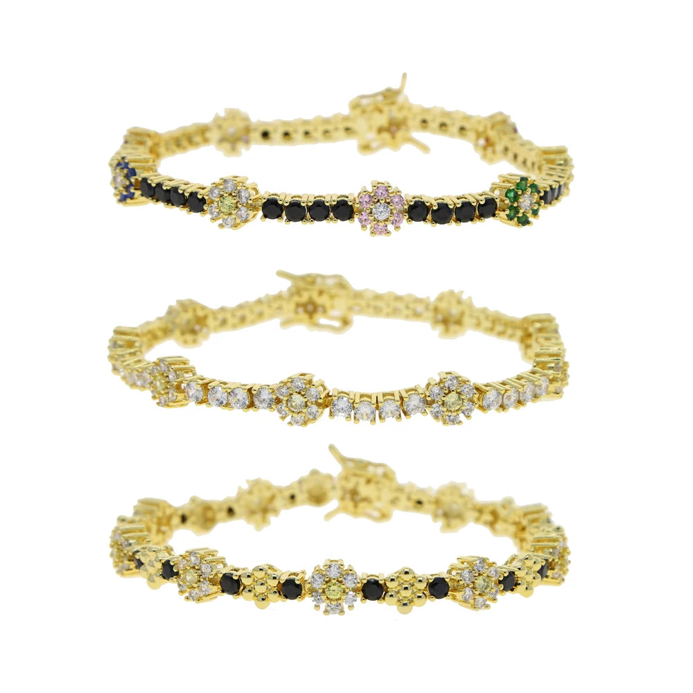 2025 Spring New Design Colorful Flower Charm White Black Rainbow CZ Tennis Chain Bracelet Women Fashion Jewelry