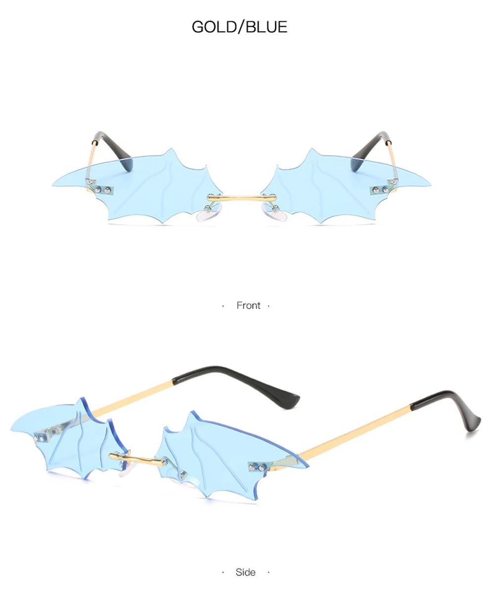 Fashion Rimless Men Sunglasses Women Trendy Bat Shaped Sun Glasses Female Male Vintage Black Mirror Shades Metal Oculos De Sol