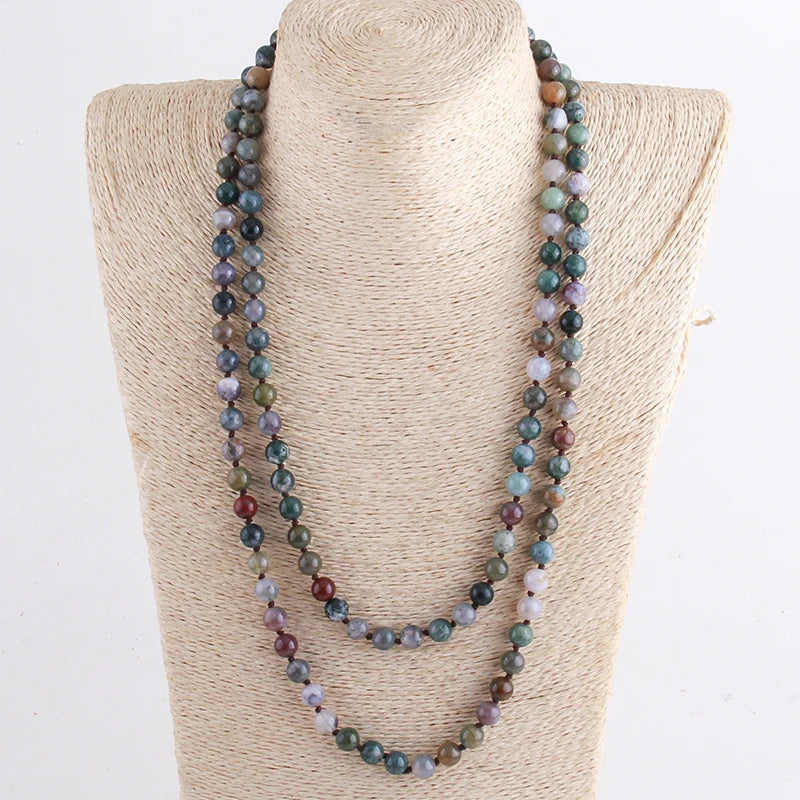 New Bohemian Jewelry long Knotted Halsband 8mm 125-128cm Double wrap Natural Stone Necklace