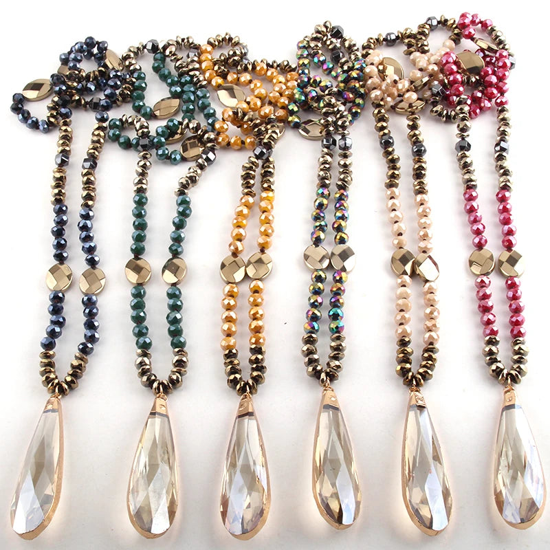 Fashion Bohemian Tribal Jewelry Crystal / Hematite Long Knotted Long Glass Drop Pendant Necklaces