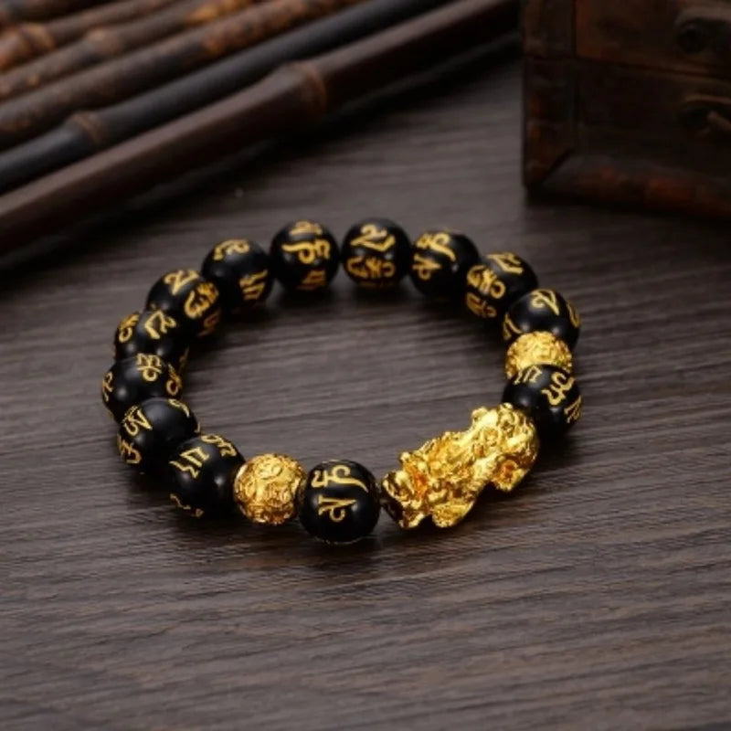 Feng Shui Obsidian Stone Beads Bracelet Wristband Gold Color Black Pixiu Wealth Good Luck Women Bracelet  Men Women Unisex