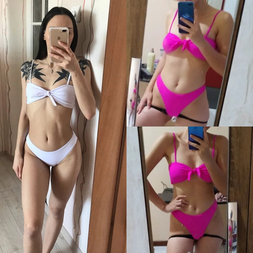 ZTVitality Sexy Solid Bow Bikinis Push Up Bikini 2021 Straps Padded Low Waist Swimsuit Bandage Swimwear Women Brazilian Biquini