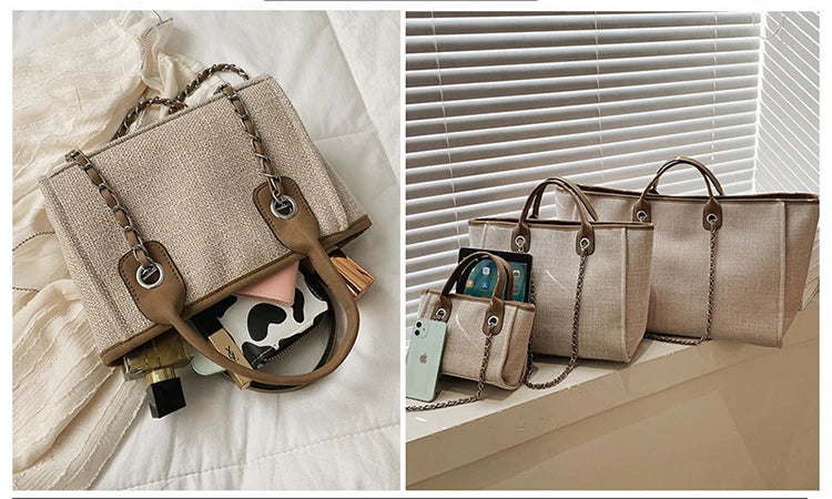 Women Tote Bag Fashion Canvas Large Capacity Handbag Casual Chains Shoulder Bags Ladies Big Messenger Bag Shopping Bag