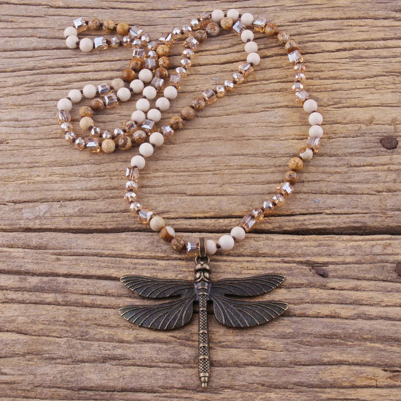 RH Fashion Bohemian Jewelry Accessory 6mm Stones/Crystal Knotted With Metal Retro Dragonfly Pendant Necklaces Women Boho Gift