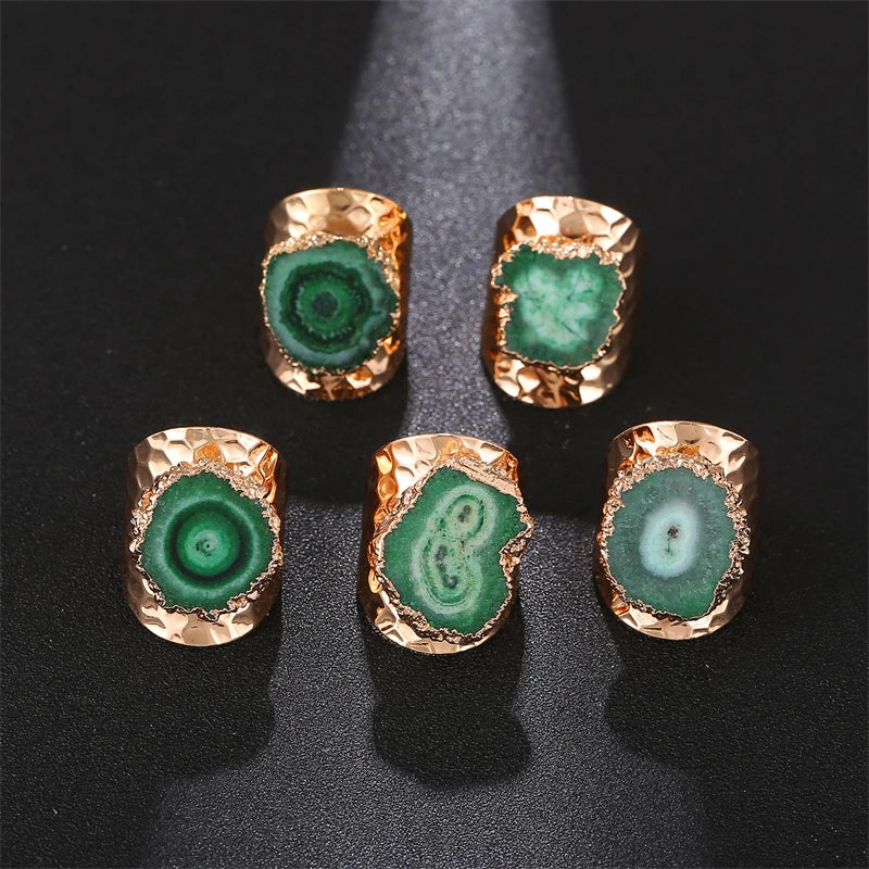 Boho Irregular Natural Stone Agate Slices Sunflower Wide Open Ring for Women Gold Plated Resizable Finger Jewelry