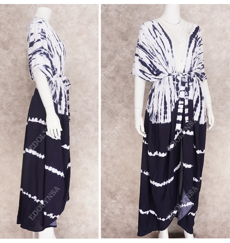 2023 Bikini Cover-ups Black Retro Striped Self Belted Women Summer Clothing Kimono Dress Beach Wear Swim Suit Cover Up Q1225