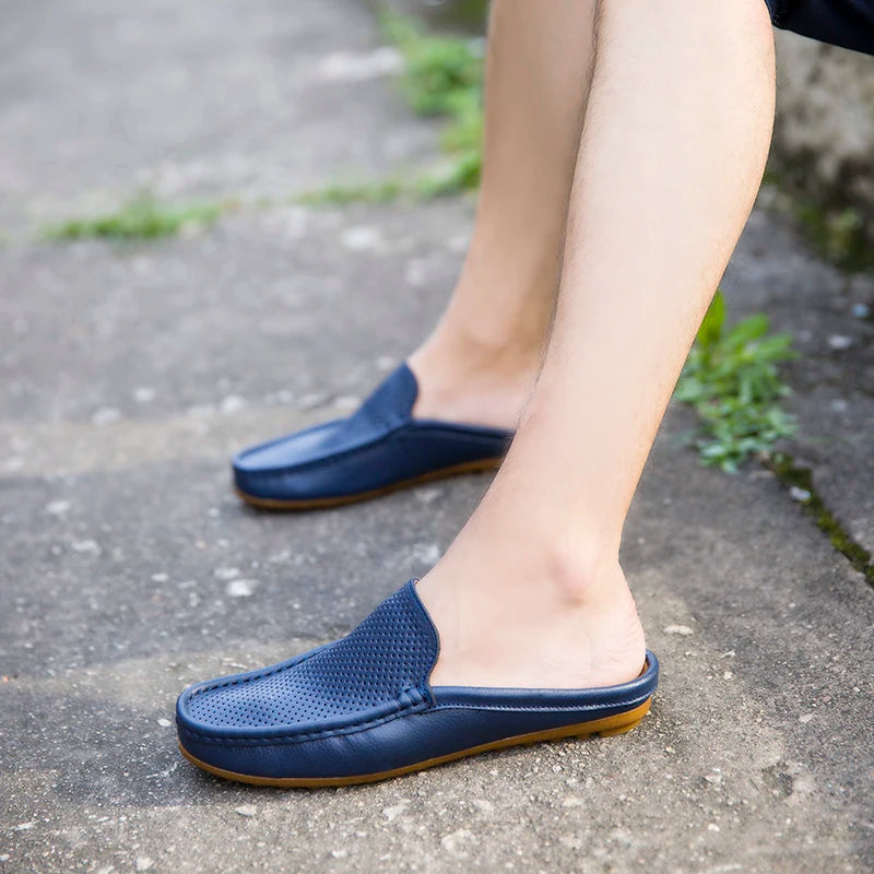 Summer Men's Shoes Casual Brand Mens Breathable Loafers Genuine Leather Half Slipper For Men Slip on Lazy Driving Shoe Moccasins