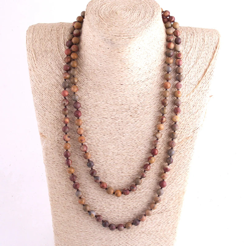 New Bohemian Jewelry long Knotted Halsband 8mm 125-128cm Double wrap Natural Stone Necklace