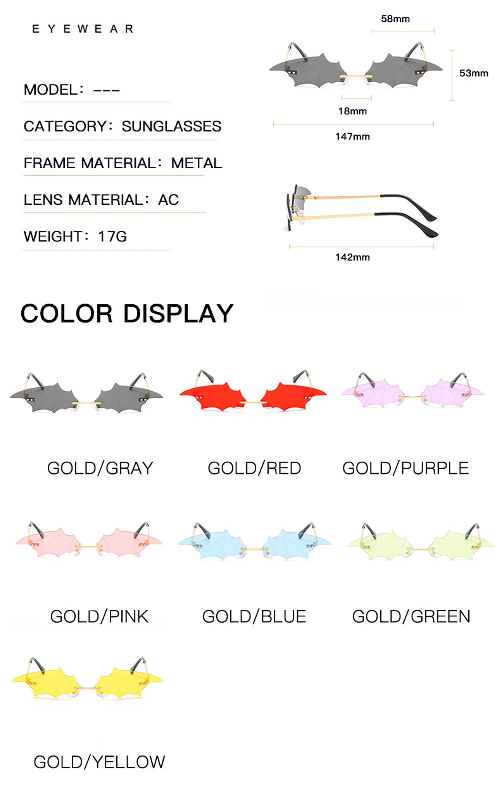 Fashion Rimless Men Sunglasses Women Trendy Bat Shaped Sun Glasses Female Male Vintage Black Mirror Shades Metal Oculos De Sol