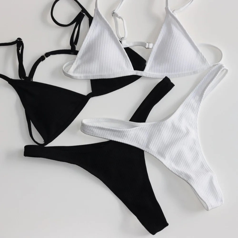Bandeau Tanga Bikinis Ribbed Bikini 2025 Sexy High Cut Bikini Set Brazilian Swimsuit Thong Swimwear Women Girls Swimming Suit