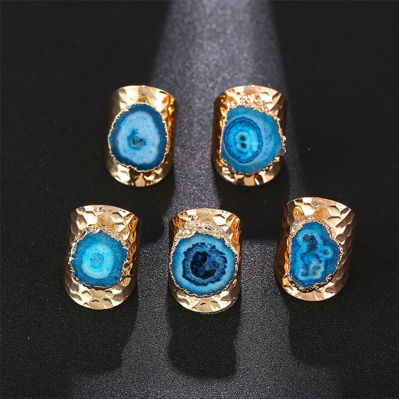 Boho Irregular Natural Stone Agate Slices Sunflower Wide Open Ring for Women Gold Plated Resizable Finger Jewelry