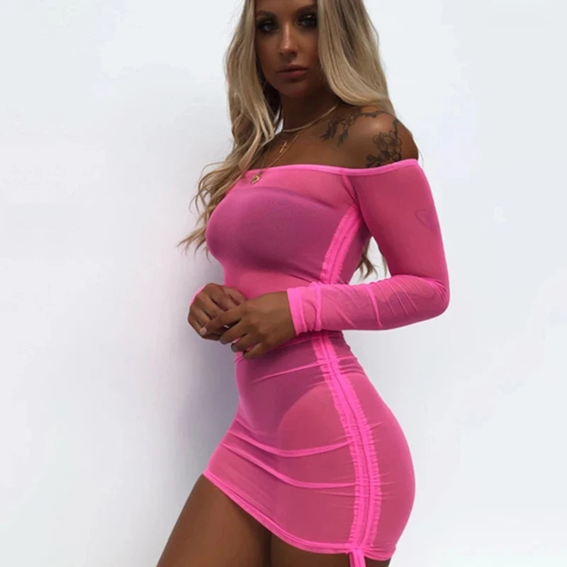 BKLD Neon Green Pink See Through Mesh Long Sleeve Bodycon Hot Summer Bikini Cover Up Beach Dress Sexy Off Shoulder Mini Vestidos