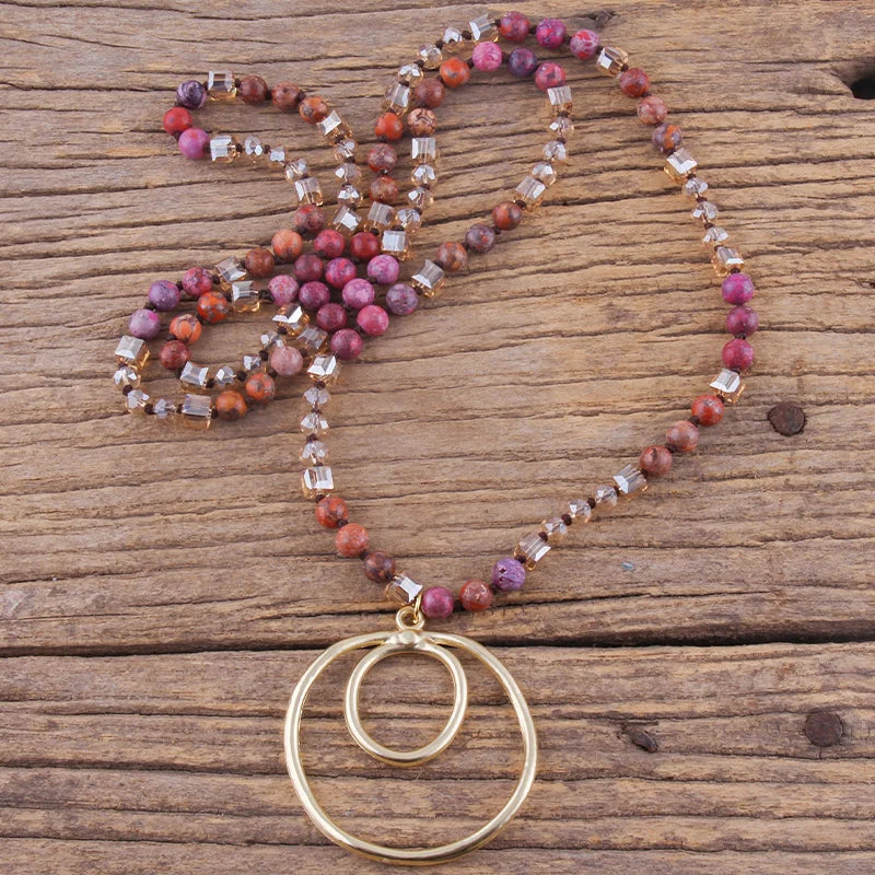 Fashion Bohemian Jewelry Accessory 6mm Stones/Crystal Knotted With Metal Round Pendant Necklaces Women Boho Gift