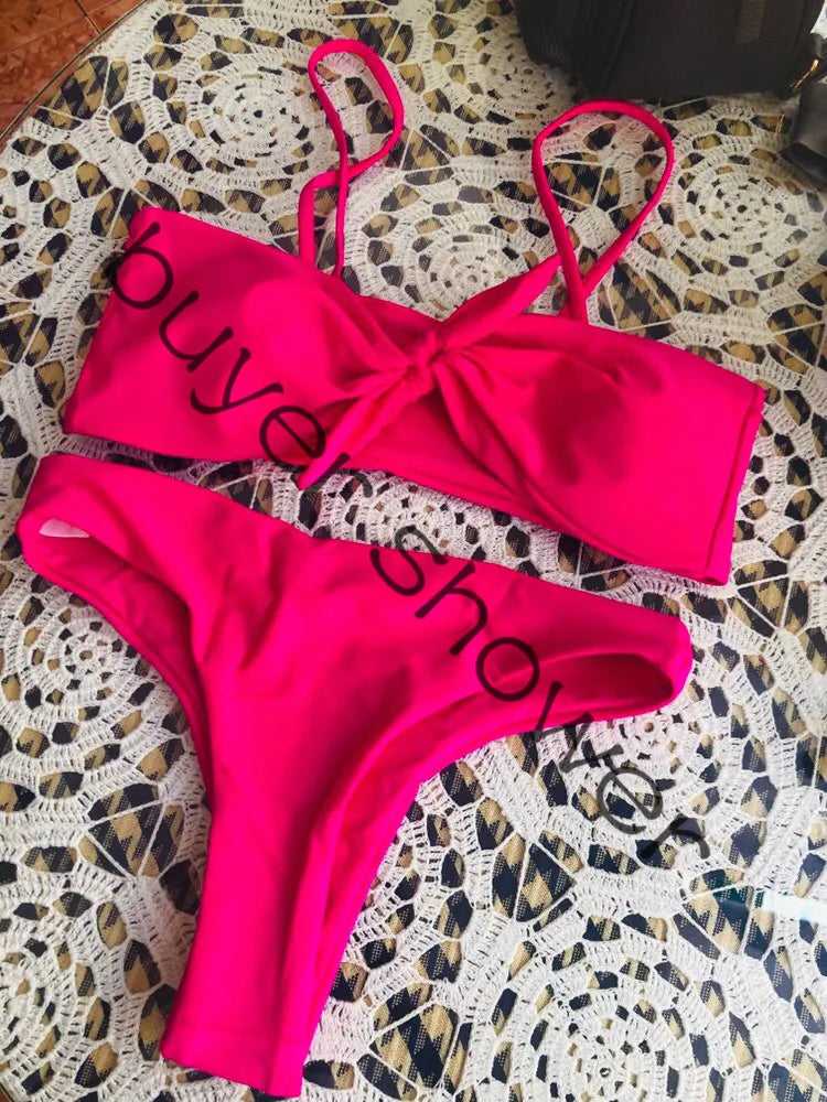ZTVitality Sexy Solid Bow Bikinis Push Up Bikini 2021 Straps Padded Low Waist Swimsuit Bandage Swimwear Women Brazilian Biquini