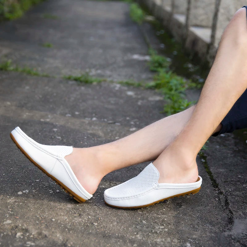 Summer Men's Shoes Casual Brand Mens Breathable Loafers Genuine Leather Half Slipper For Men Slip on Lazy Driving Shoe Moccasins