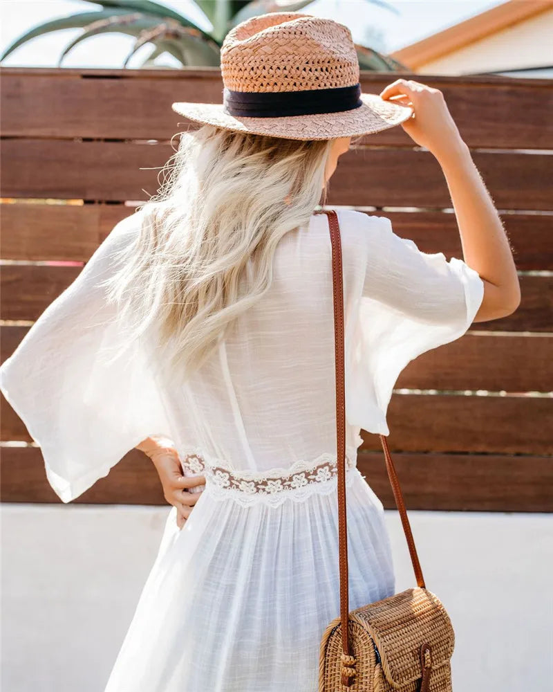 2024 Crochet White Knitted Beach Cover Up Dress Tunic Long Pareos Bikinis Cover Ups Swim Cover Up Robe Plage Beachwear