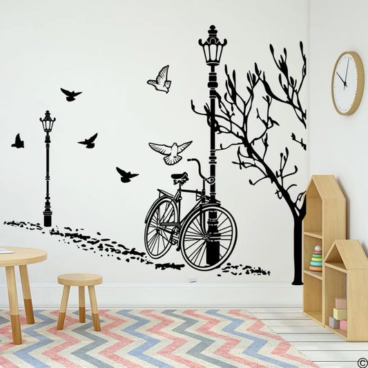 Large Autumn Bike Street Lamp Tree Bird Wall Decal Living Room Kids Room Bicycle City Urban Landscape Wall Sticker Bedroom Vinyl