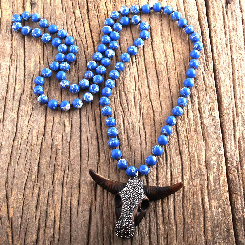 RH Fashion Boho Jewelry Empire Stones Long Knotted Bull Head Pendant Necklaces Dropship