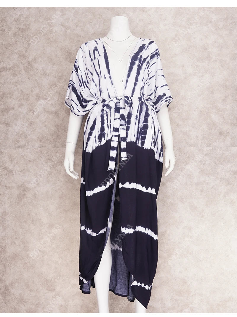 2023 Bikini Cover-ups Black Retro Striped Self Belted Women Summer Clothing Kimono Dress Beach Wear Swim Suit Cover Up Q1225