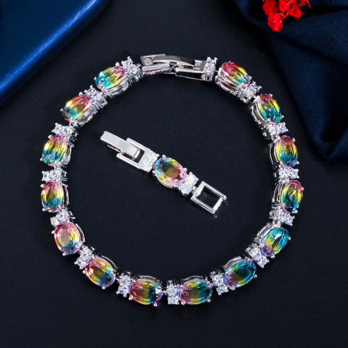 ThreeGraces Brilliant Multi Rainbow Cubic Zirconia Silver Color Wedding Colorful Bracelets for Women Fashion Party Jewelry BR147