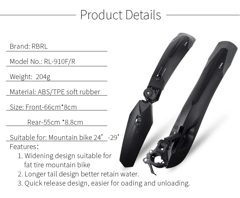 RBRL Bicycle Mudguard Set Mountain Bike Cycling Fender Adjustable MTB Widen Lengthen TPE Patent Quick Release E-Bike Protector