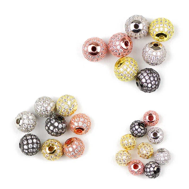 JHNBY 4pcs White Zircon Copper Spacer Beads 6/8/10mm Round Pave CZ Crystal Ball Loose Beads Jewelry Bracelet Making DIY Findings