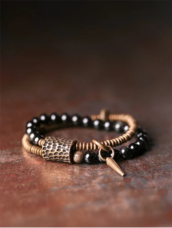 Rainbow Obsidian Beads Bracelet Hammered Brass Two Row  Health Unisex Jewelry for Women Unique Handmade Personalized Bracelet